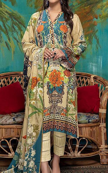 Adans Libas Light Golden/Teal Linen Suit | Pakistani Dresses in USA- Image 1