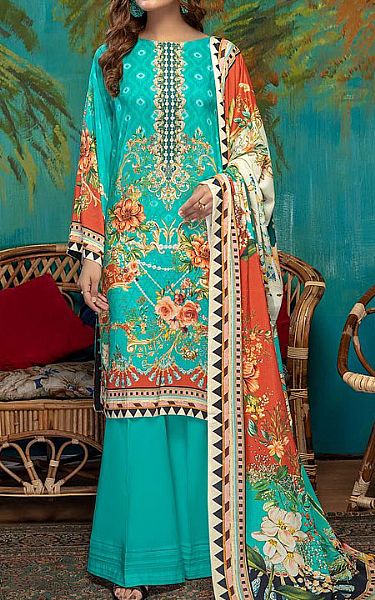 Adans Libas Cyan Linen Suit | Pakistani Dresses in USA- Image 1