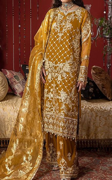 Adans Libas Mustard Organza Suit | Pakistani Embroidered Chiffon Dresses- Image 1