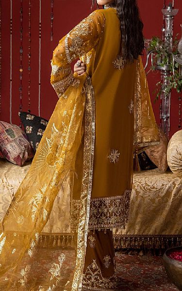 Adans Libas Mustard Organza Suit | Pakistani Embroidered Chiffon Dresses- Image 2