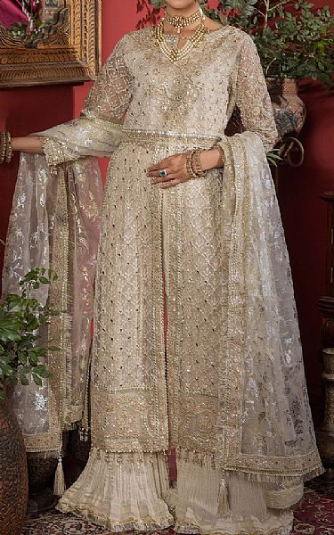 Adans Libas Ivory Organza Suit | Pakistani Embroidered Chiffon Dresses- Image 1