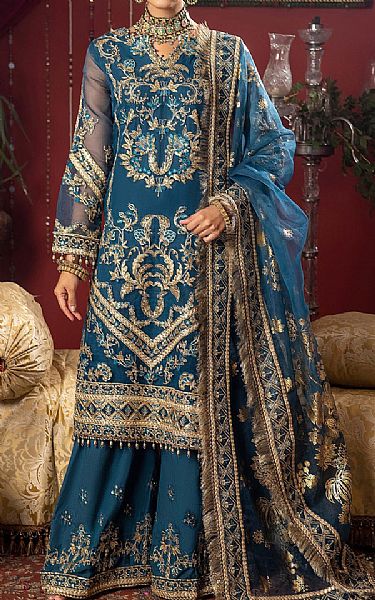 Adans Libas Denim Blue Organza Suit | Pakistani Embroidered Chiffon Dresses- Image 1