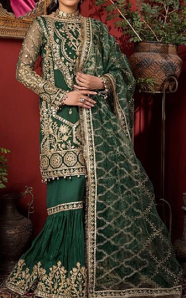 Adans Libas Bottle Green Organza Suit | Pakistani Embroidered Chiffon Dresses- Image 1