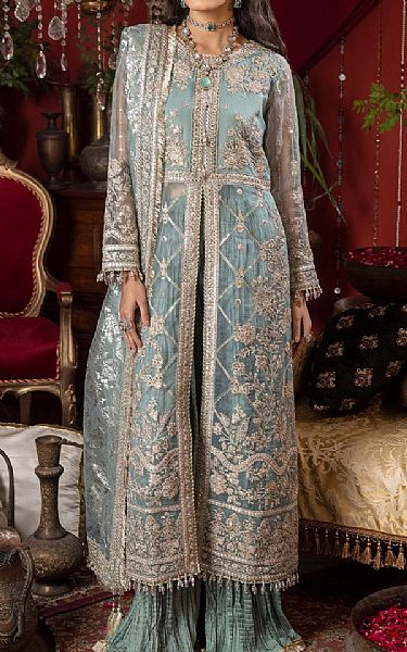 Adans Libas Sky Blue Organza Suit | Pakistani Embroidered Chiffon Dresses- Image 1