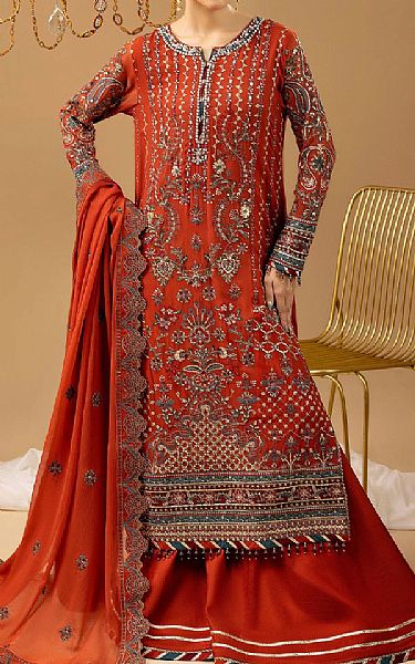 Adans Libas Shocking Orange Chiffon Suit | Pakistani Embroidered Chiffon Dresses USA- Image 1