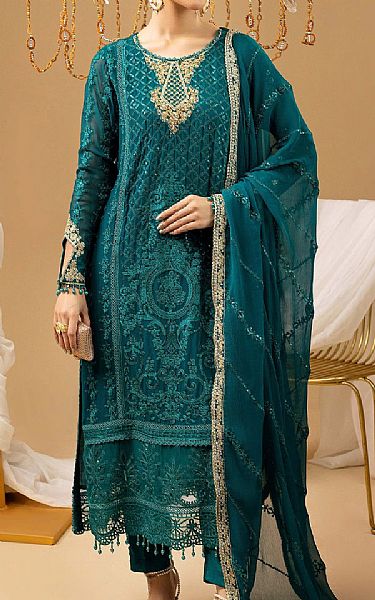 Adans Libas Teal Chiffon Suit | Pakistani Embroidered Chiffon Dresses USA- Image 1