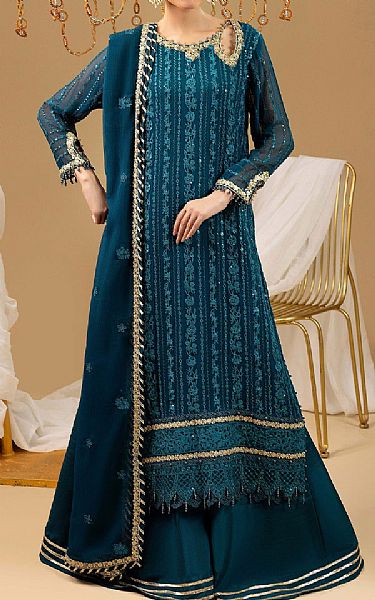 Adans Libas Teal Chiffon Suit | Pakistani Embroidered Chiffon Dresses USA- Image 1