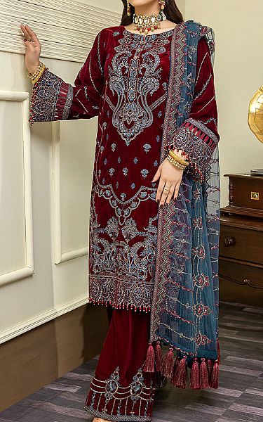 Adans Libas Maroon Velvet Suit | Pakistani Dresses in USA- Image 1