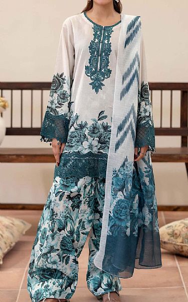 Adans Libas White/Teal Lawn Suit | Pakistani Lawn Dress in USA- Image 1