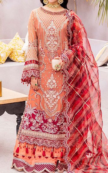 Adans Libas Coral Chiffon Suit | Pakistani Embroidered Chiffon Dresses USA- Image 1