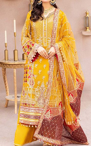Adans Libas Golden Yellow Chiffon Suit | Pakistani Embroidered Chiffon Dresses USA- Image 1