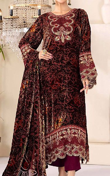 Adans Libas Wine Velvet Suit | Pakistani Winter Dresses in USA- Image 1