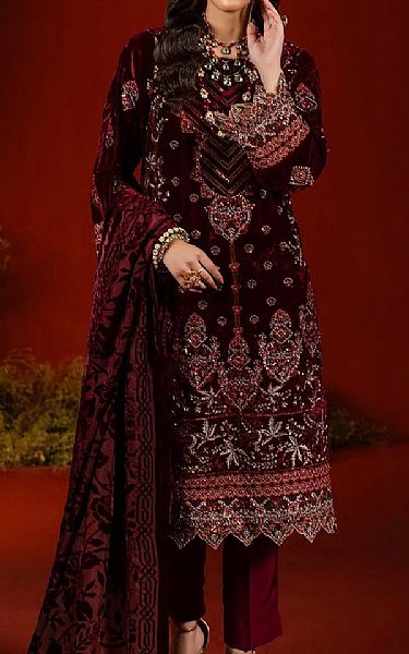 Adans Libas Dark Maroon Velvet Suit | Pakistani Winter Dresses in USA- Image 1