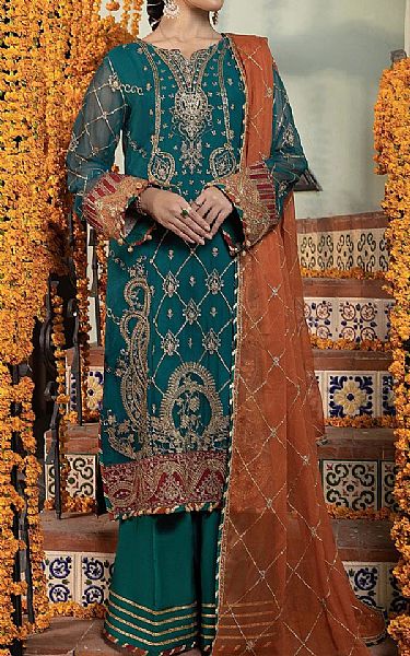 Adans Libas Teal Chiffon Suit | Pakistani Embroidered Chiffon Dresses USA- Image 1