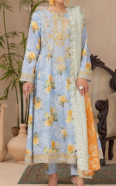 Adans Libas Cloudy Blue Satin Lawn Suit | Pakistani Lawn Dress in USA- Image 1