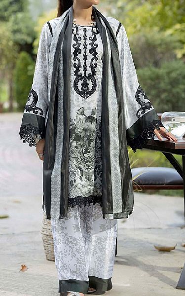 Adans Libas Grey/Black Silk Suit | Pakistani Embroidered Chiffon Dresses USA- Image 1