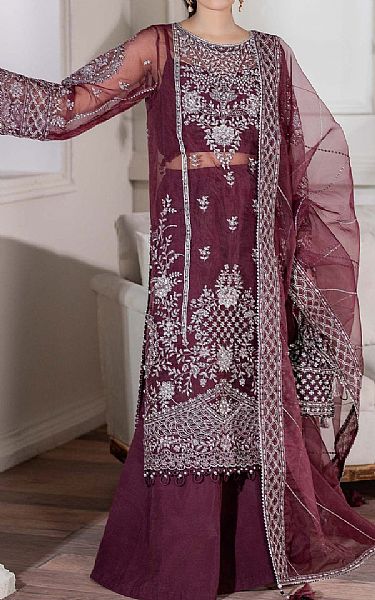Adans Libas Wine Berry Chiffon Suit | Pakistani Embroidered Chiffon Dresses USA- Image 1