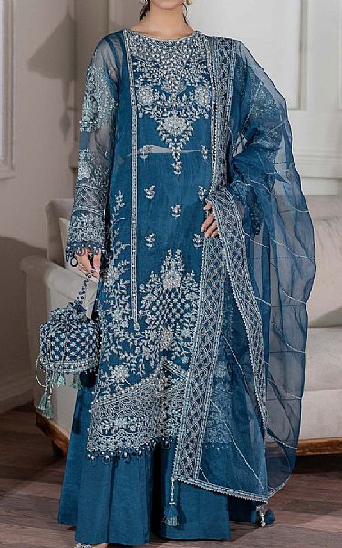 Adans Libas Denim Blue Chiffon Suit | Pakistani Embroidered Chiffon Dresses USA- Image 1