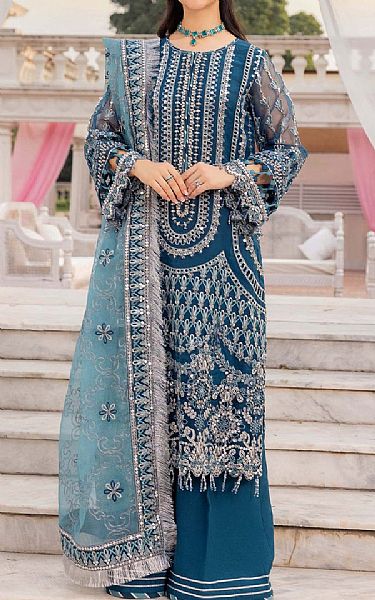 Adans Libas Denim Blue Organza Suit | Pakistani Embroidered Chiffon Dresses USA- Image 1