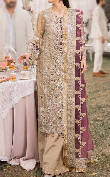 Adans Libas Tan Organza Suit | Pakistani Embroidered Chiffon Dresses USA- Image 1