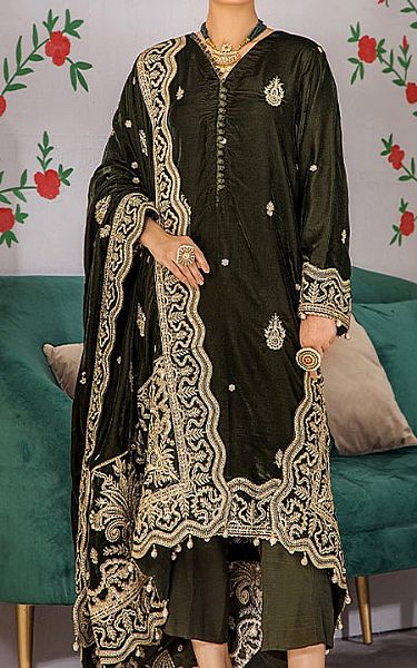 Adans Libas Olive Green Velvet Suit | Pakistani Winter Dresses- Image 1