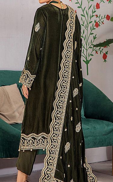 Adans Libas Olive Green Velvet Suit | Pakistani Winter Dresses- Image 2