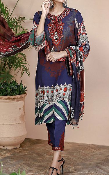 Afifa Iftikhar Navy Blue Grip Suit | Pakistani Embroidered Chiffon Dresses- Image 1