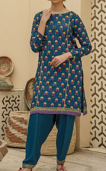 Afifa Iftikhar Teal Blue Linen Suit (2 pcs) | Pakistani Pret Wear Clothing by Afifa Iftikhar- Image 1