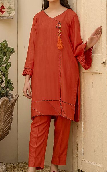 Afifa Iftikhar Cinnabar Red Linen Kurti | Pakistani Pret Wear Clothing by Afifa Iftikhar- Image 1