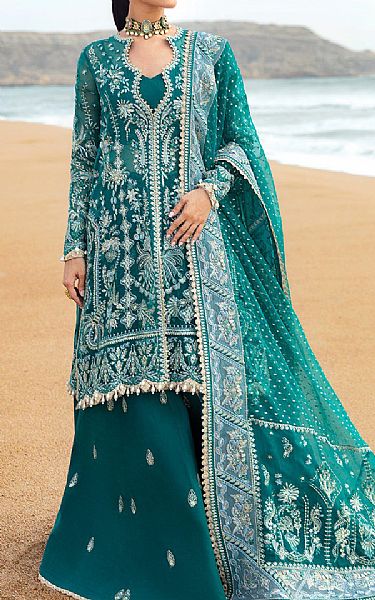Afrozeh Teal Organza Suit | Pakistani Embroidered Chiffon Dresses USA- Image 1