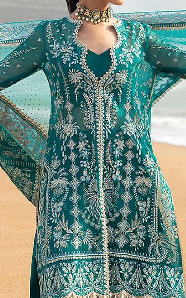 Afrozeh Teal Organza Suit | Pakistani Embroidered Chiffon Dresses USA- Image 3