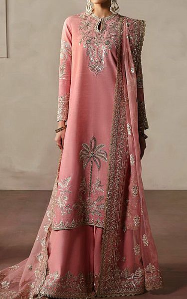 Afrozeh Sea Pink Raw Silk Suit | Pakistani Embroidered Chiffon Dresses USA- Image 1