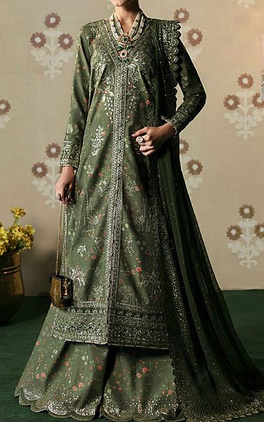 Afrozeh Lunar Green Silk Suit | Pakistani Embroidered Chiffon Dresses USA- Image 1
