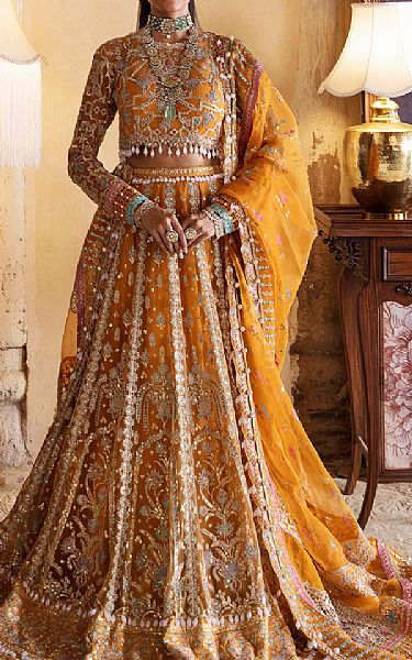 Afrozeh Mustard Net Suit | Pakistani Embroidered Chiffon Dresses- Image 1