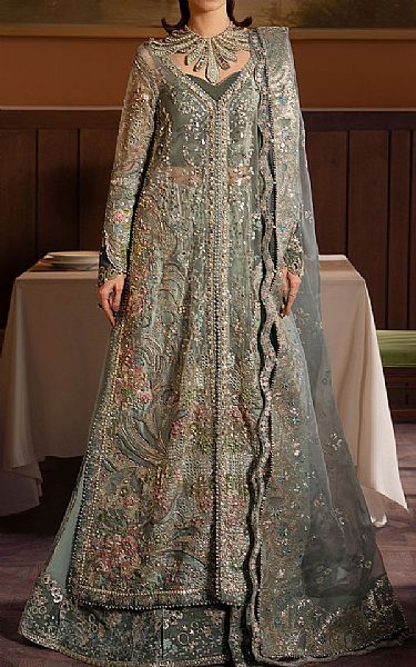 Afrozeh Sage Green Organza Suit | Pakistani Embroidered Chiffon Dresses USA- Image 1