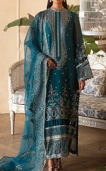 Afrozeh Teal Chiffon Suit | Pakistani Embroidered Chiffon Dresses- Image 1
