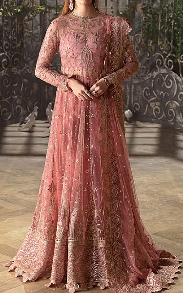 Afrozeh Tea Pink Net Suit | Pakistani Embroidered Chiffon Dresses- Image 1
