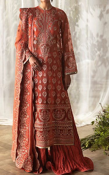 Afrozeh Coral Organza Suit | Pakistani Embroidered Chiffon Dresses- Image 1