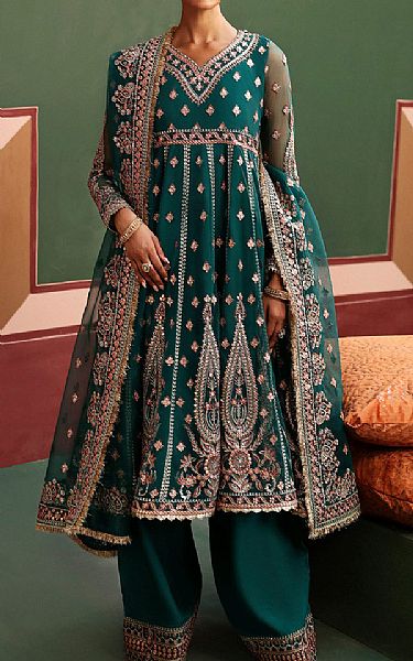 Afrozeh Bottle Green Net Suit | Pakistani Embroidered Chiffon Dresses USA- Image 1