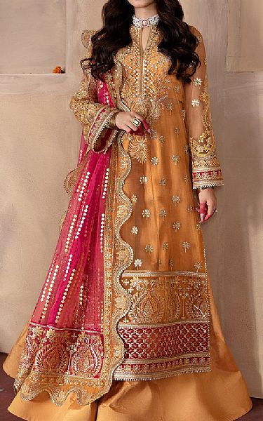 Afrozeh Mustard Net Suit | Pakistani Embroidered Chiffon Dresses- Image 1