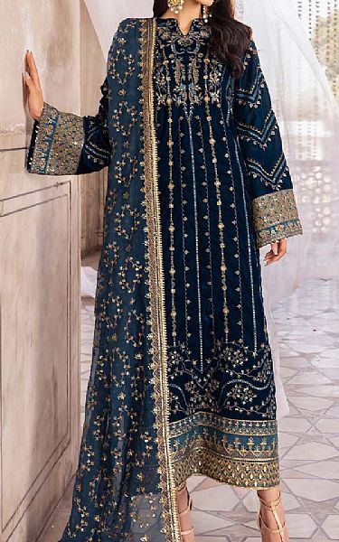 Aik Midnight Blue Velvet Suit | Pakistani Winter Dresses- Image 1