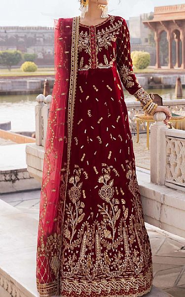 Aik Red Velvet Suit | Pakistani Winter Dresses- Image 1
