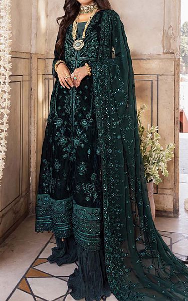 Aik Bottle Green Velvet Suit | Pakistani Winter Dresses- Image 1