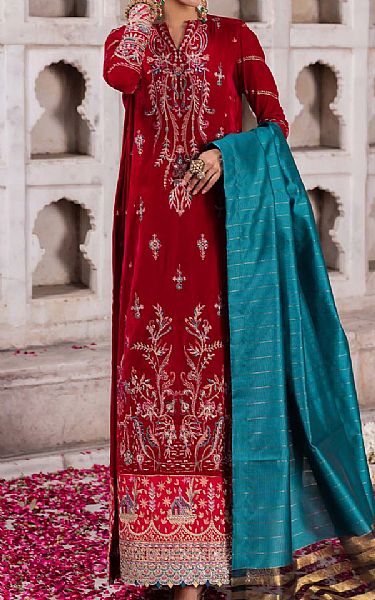 Aik Red Velvet Suit | Pakistani Winter Dresses- Image 1
