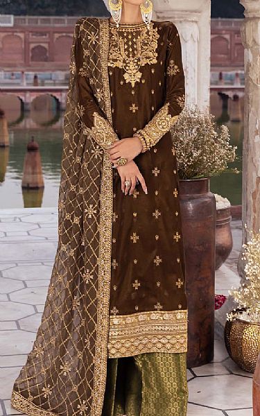 Aik Dark Brown Velvet Suit | Pakistani Winter Dresses- Image 1