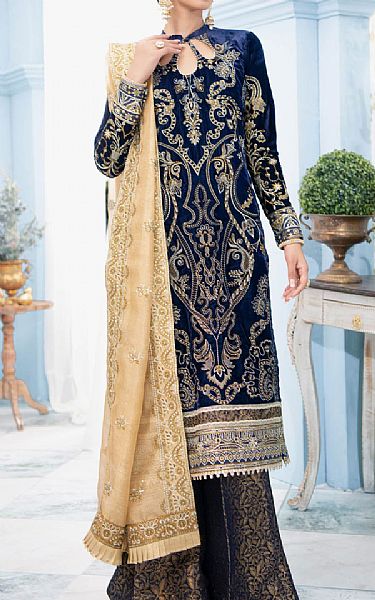 Aik Royal Blue Velvet Suit | Pakistani Dresses in USA- Image 1