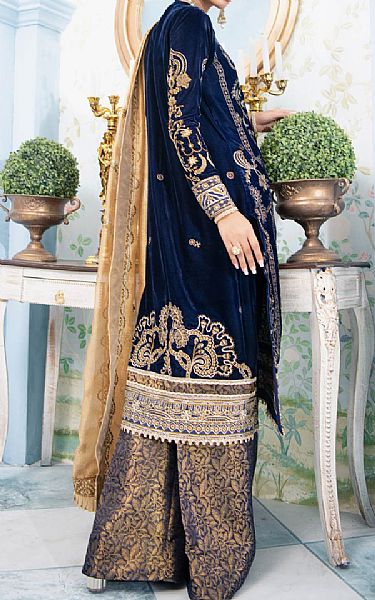 Aik Royal Blue Velvet Suit | Pakistani Dresses in USA- Image 2
