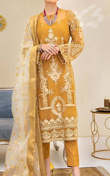 Aik Mustard Organza Suit | Pakistani Dresses in USA- Image 1