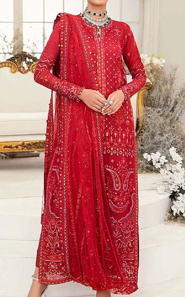 Aik Red Net Suit | Pakistani Embroidered Chiffon Dresses- Image 1
