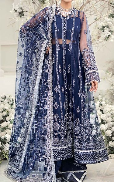 Aik Royal Blue Net Suit | Pakistani Embroidered Chiffon Dresses- Image 1